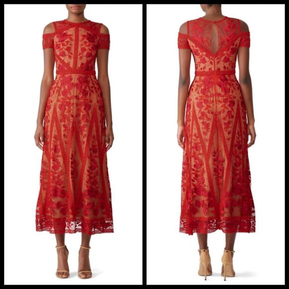 💕MARCHESA💕 Cold-Shoulder Guipure Lace-Trimmed Embroidered Tulle Midi Dress Red - Picture 5 of 16